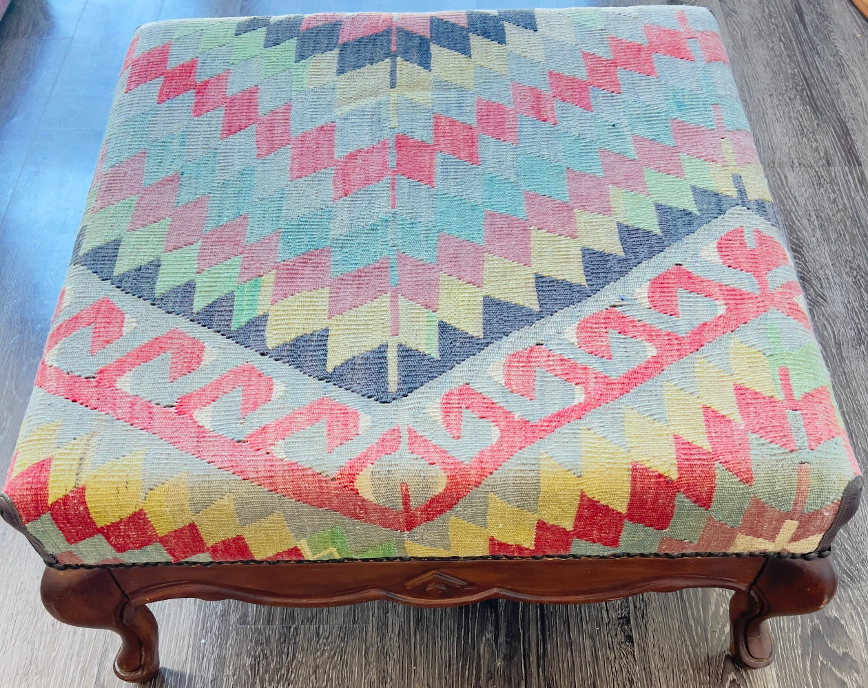 Turkish Kilim Upholstered Ottoman