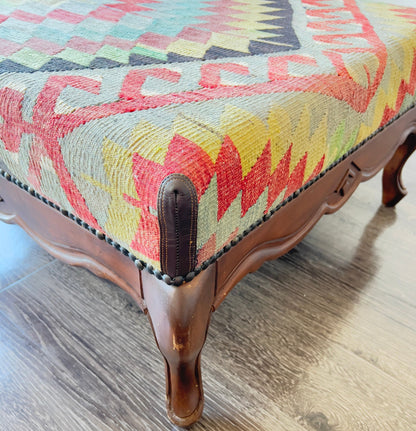 Turkish Kilim Upholstered Ottoman